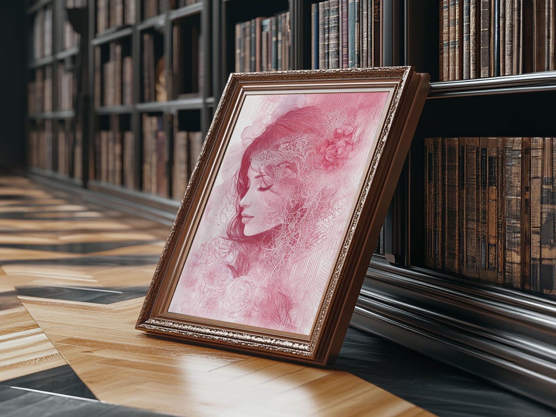 Pink Woman Portrait Lace Floral Sketch Elegant Romantic Art Poster - Image 3