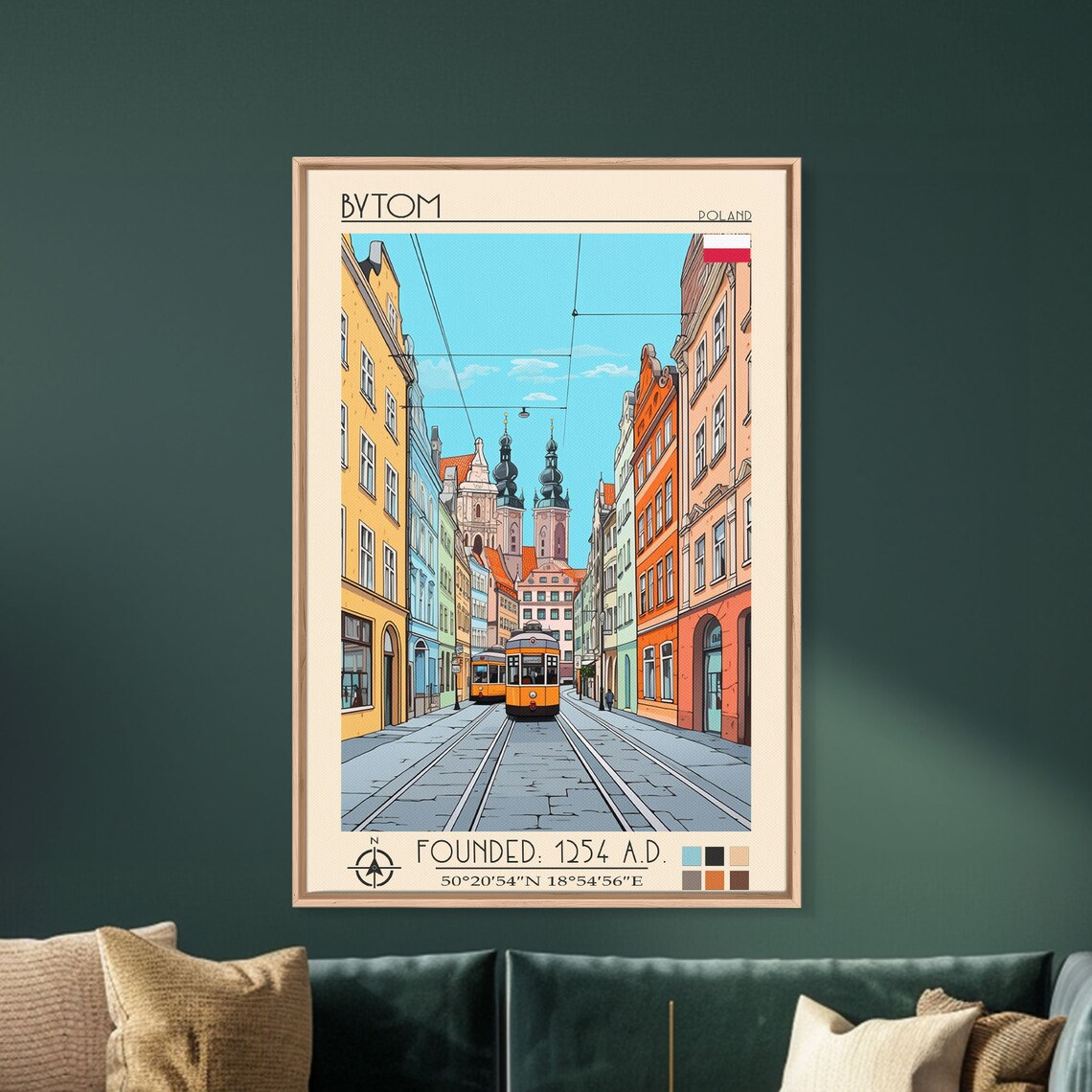 Bytom Poland Old Town Street Yellow Tram Twin Church Towers Art Poster - Image 2