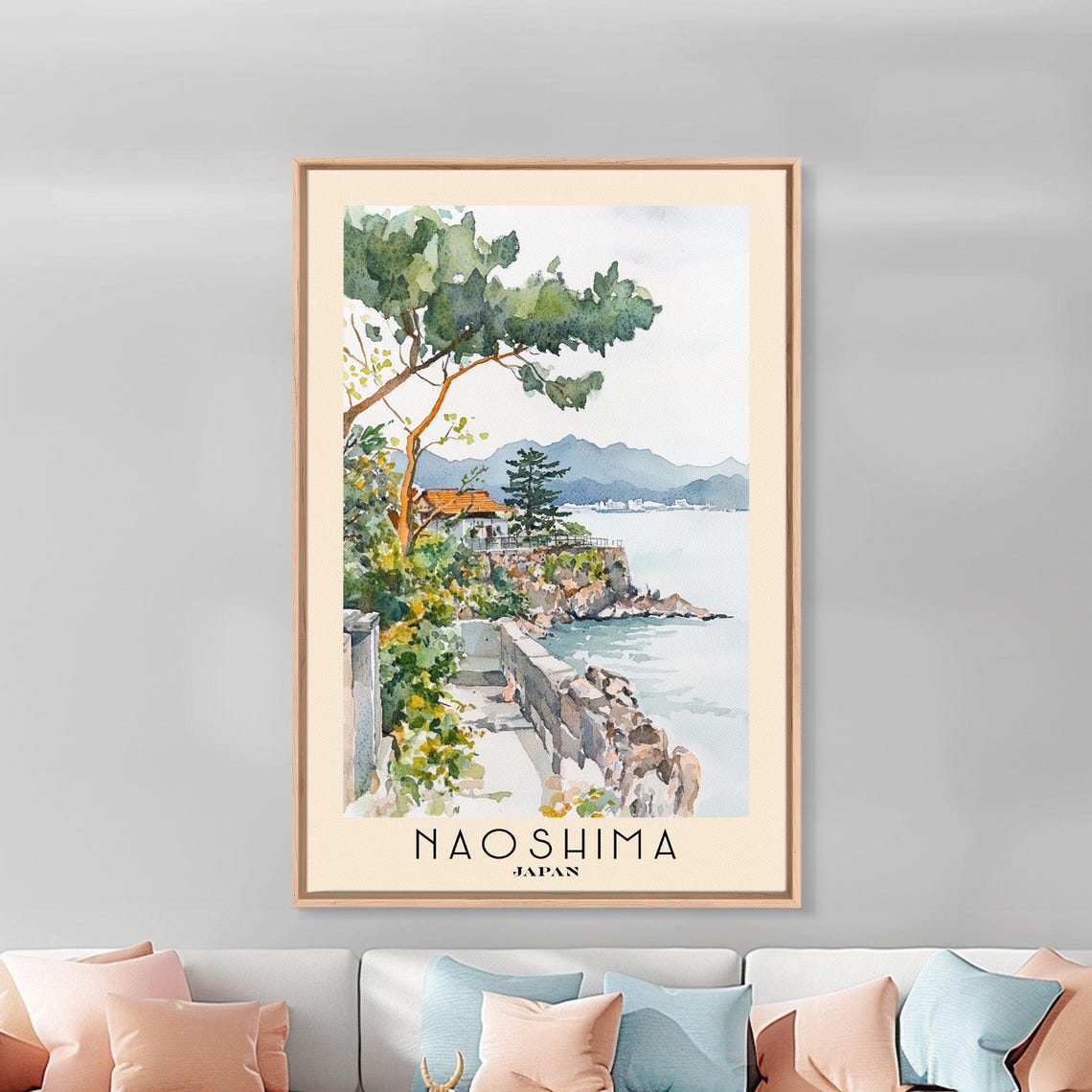 Naoshima Japan Cliff Path Pine Sea View Watercolor Travel Poster - Image 3