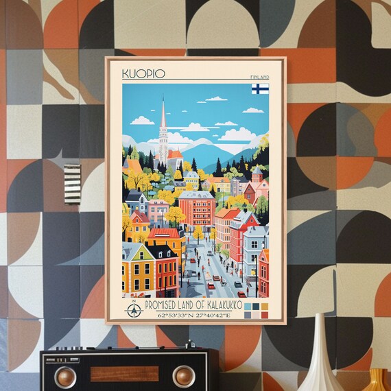 Kuopio Finland Travel Poster Framed Print Midcentury Modern Art Pop Art Wall Decor Home Decor Vacation Gift Bedroom Art