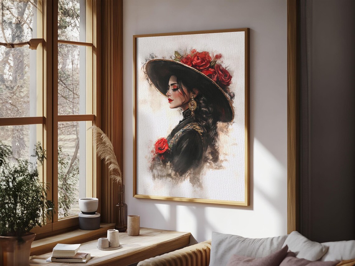 Female Matador Portrait Watercolor Black Suit Red Roses Elegant Poster - Image 3