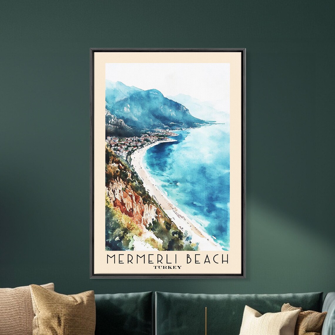Mermerli Beach Turkey Curved Sandy Cove Seaside Town Watercolor Poster - Image 5