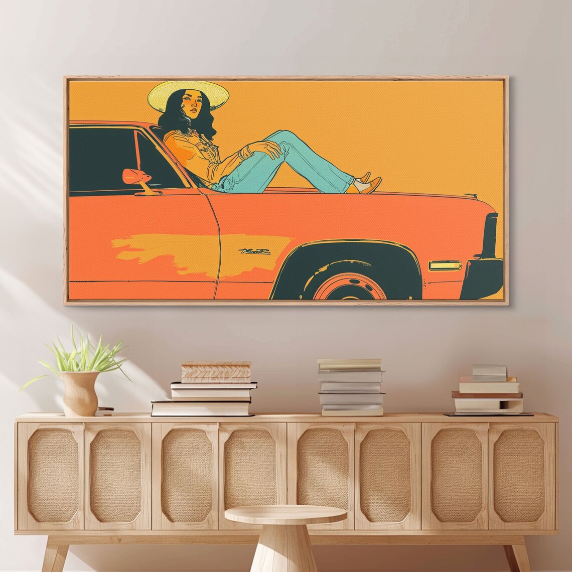 Retro Cowgirl Sitting On Orange Classic Car Hood Pop Art Poster - Image 3