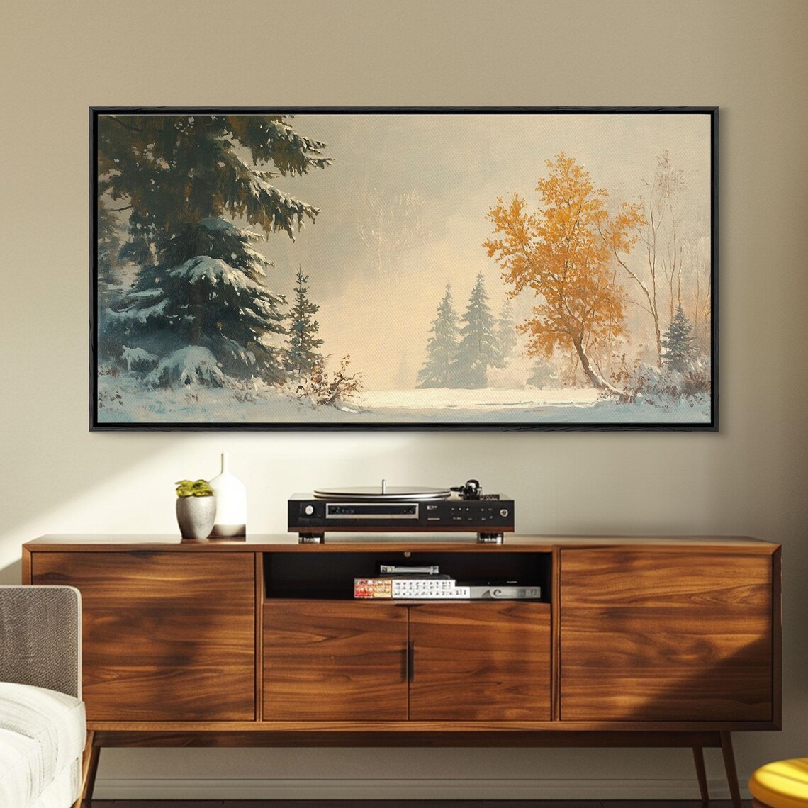 Misty Winter Forest With Snow Covered Pines And Golden Tree Poster