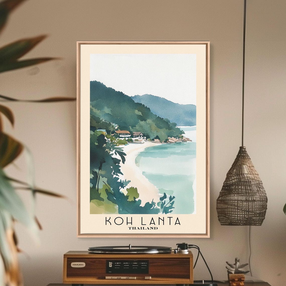 Koh Lanta Thailand Crescent Beach Jungle Hills Cove Watercolor Poster