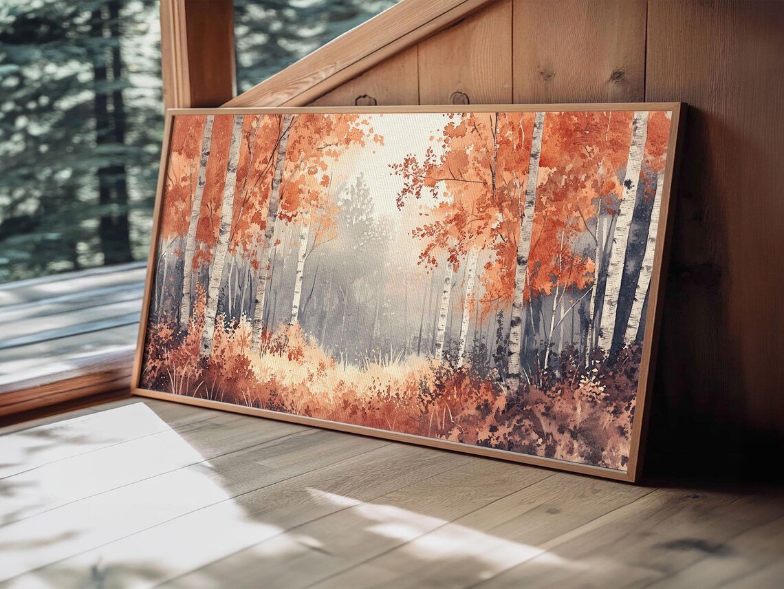 Autumn Birch Forest Misty Orange Foliage Watercolor Painting Wall Art - Image 4