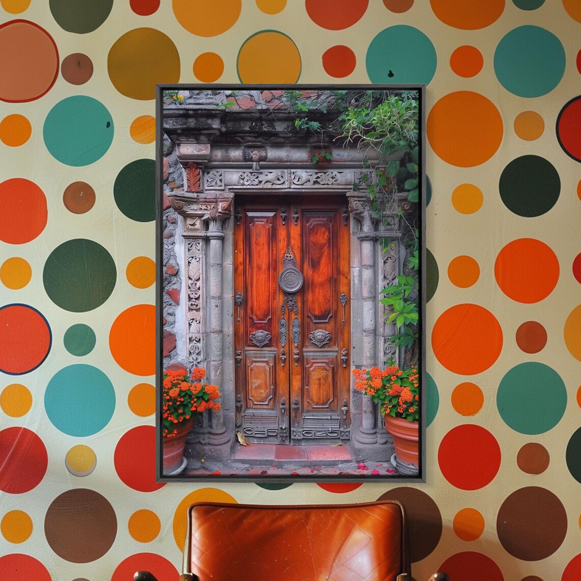 Weathered Wooden Double Door Orange Marigolds Stone Facade Art Poster - Image 2