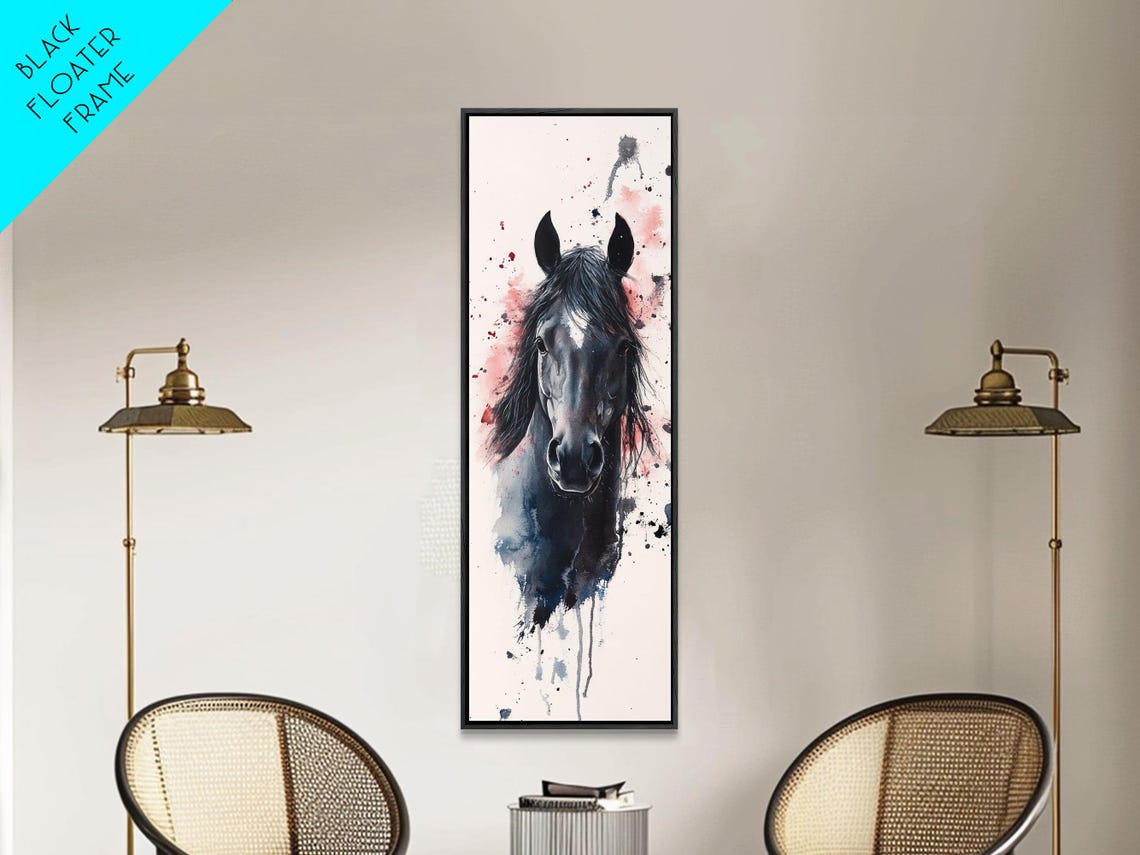 Black Horse Head Watercolor Pink Splash Romantic Vertical Art Poster