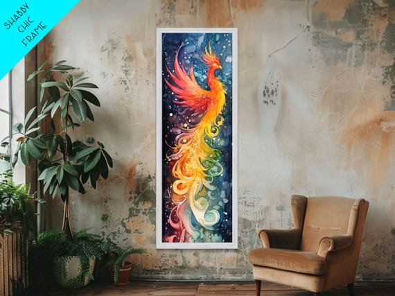 Rainbow Toned Phoenix Painting With Swirling Colors Of Renewal Beautiful Framed Print For Spiritual Or Inspirational Home Decor