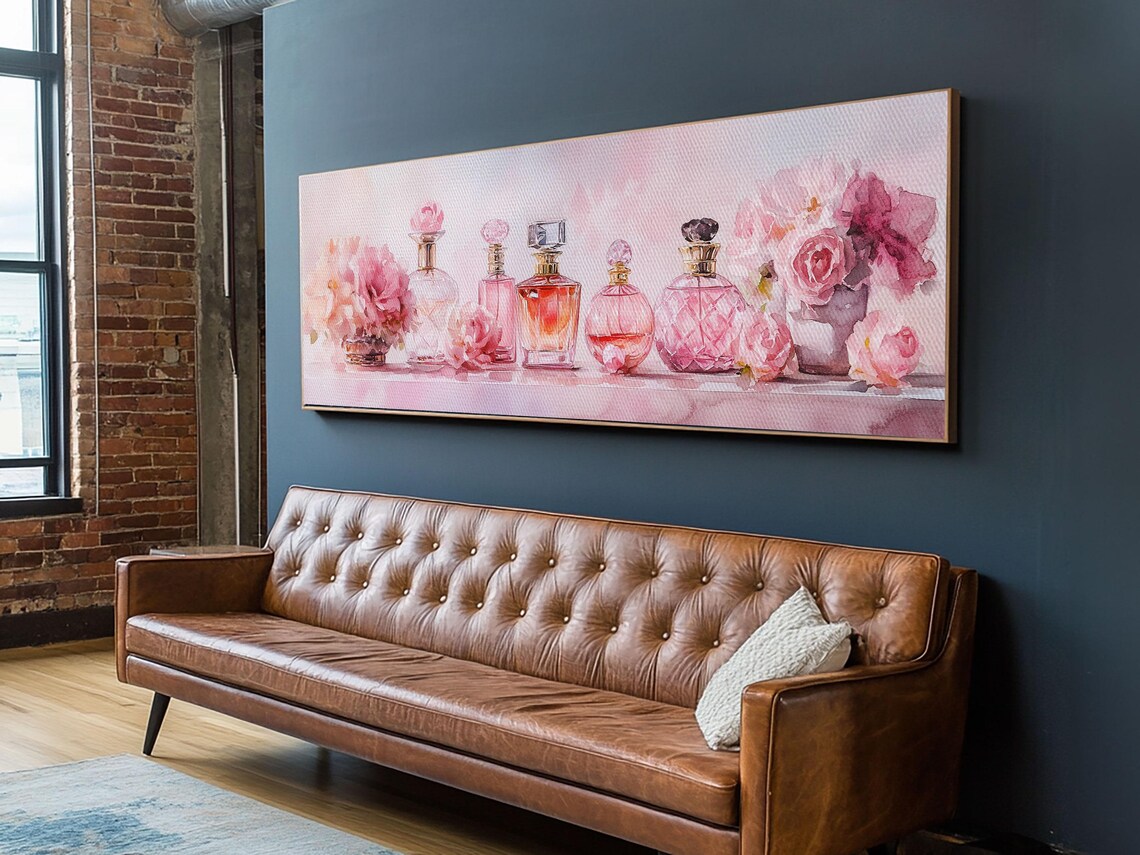 Pink Perfume Bottles Roses Watercolor Glam Vanity Decor Wall Art