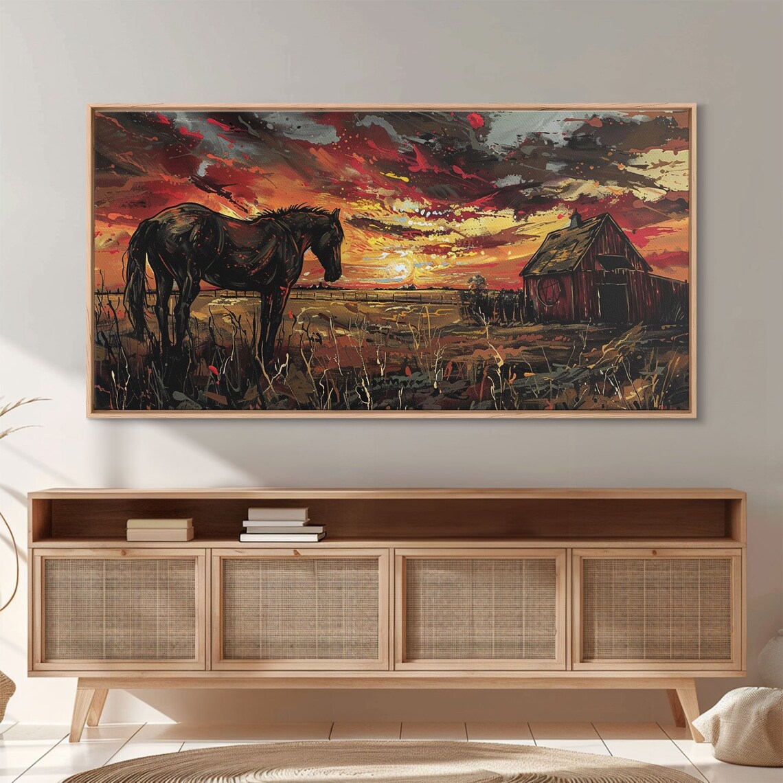 Dark Horse At Sunset Red Barn Fiery Red Orange Dramatic Sky Wall Art - Image 2