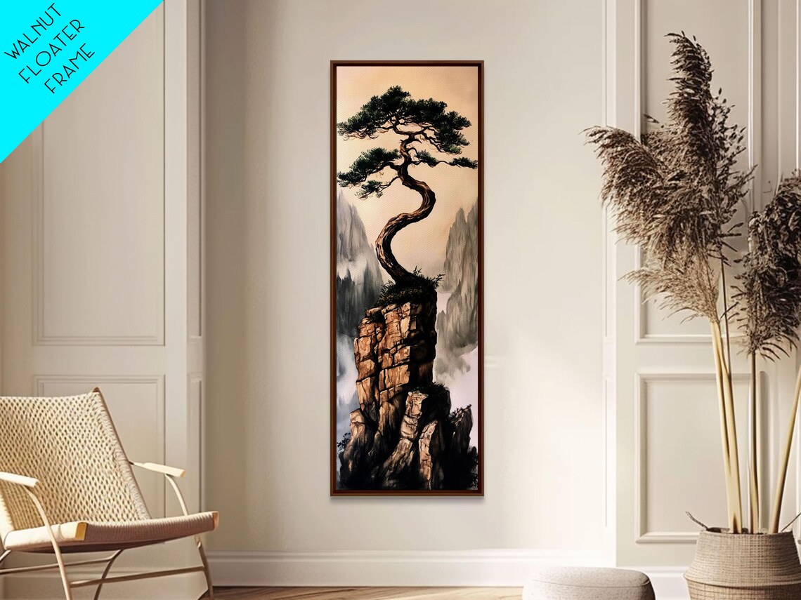 Twisted Pine Tree Rocky Cliff Misty Mountain Asian Ink Painting Style Poster