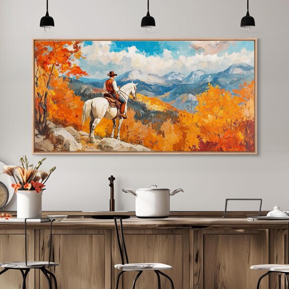 Fall Cowboy Overlooking The Mountains Framed Print Rustic Western Art With Vibrant Fall Tall Framed Print Farmhouse Wall Art
