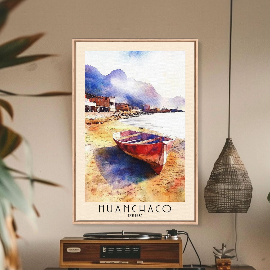 Huanchaco Peru Red Fishing Boat Sandy Shore Mountain Backdrop Poster