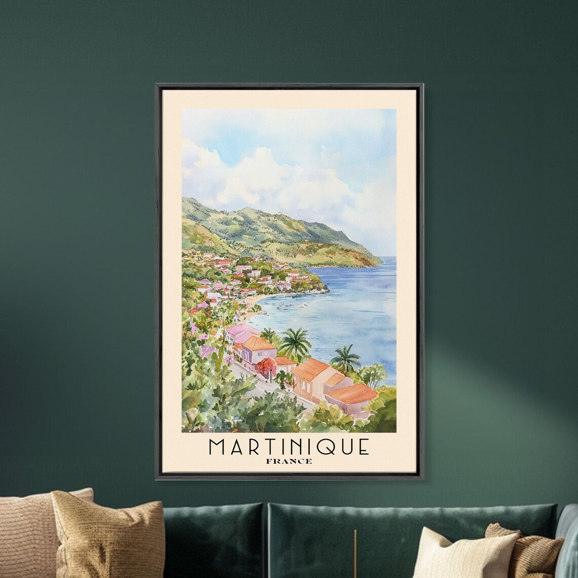 Martinique France Colorful Coastal Town Green Hills Bay Watercolor Poster - Image 5