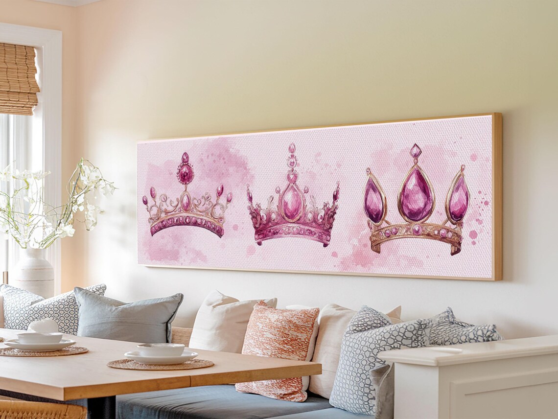 Pink Jeweled Crowns Watercolor Royal Gemstone Magenta Crown Canvas Art Poster - Image 2