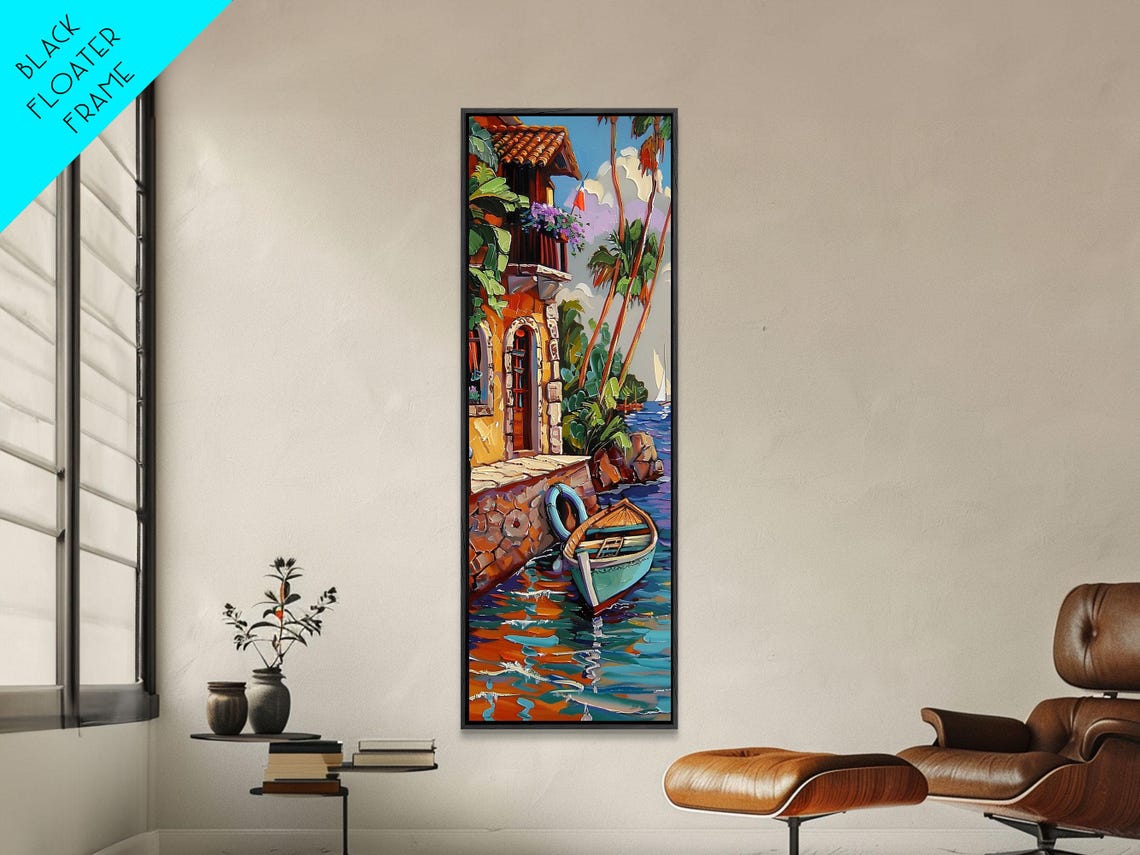 Mediterranean Waterfront Tower With Moored Boat Impasto Harbor Poster - Image 3