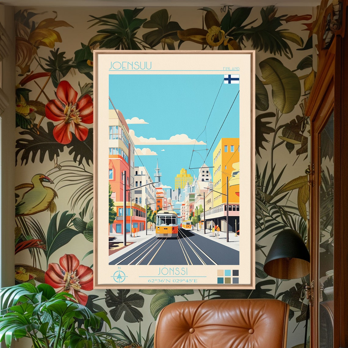 Joensuu Finland Modern Avenue Yellow Trams City Street View Poster