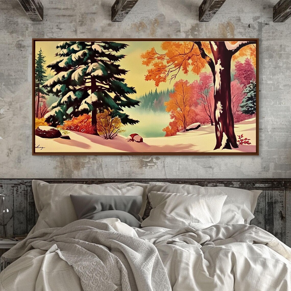 Retro 1950s Winter Landscape Snowy Pines Colorful Autumn Lake Poster - Image 5