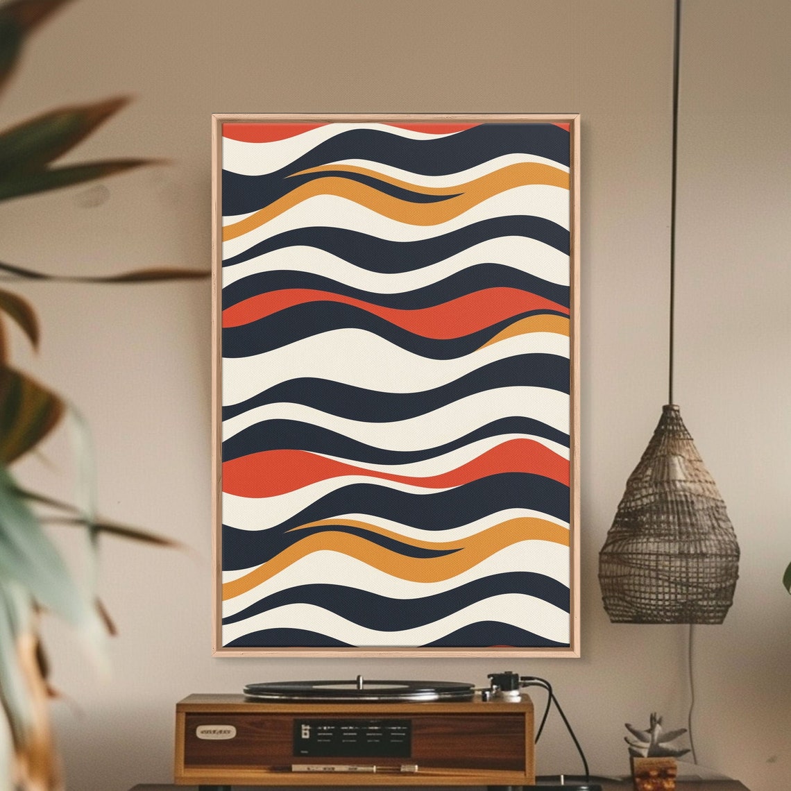 Mid Century Modern Wavy Ripple Wall Art Print Navy Orange Red Abstract
