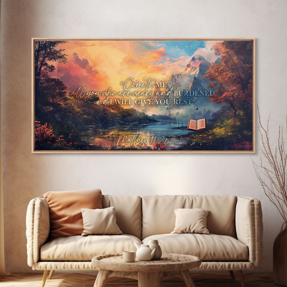 Matthew 11:28 Scripture Art Sunset Lake Open Book Christian Rest Quote Poster - Image 5