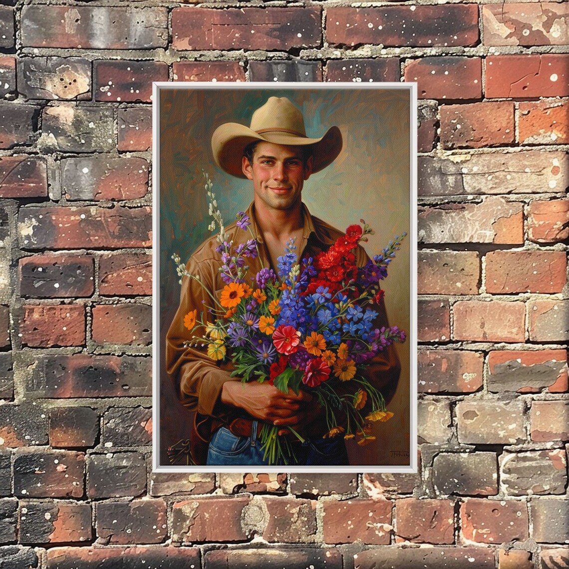 Handsome Cowboy Holding Wildflower Bouquet Western Art Poster