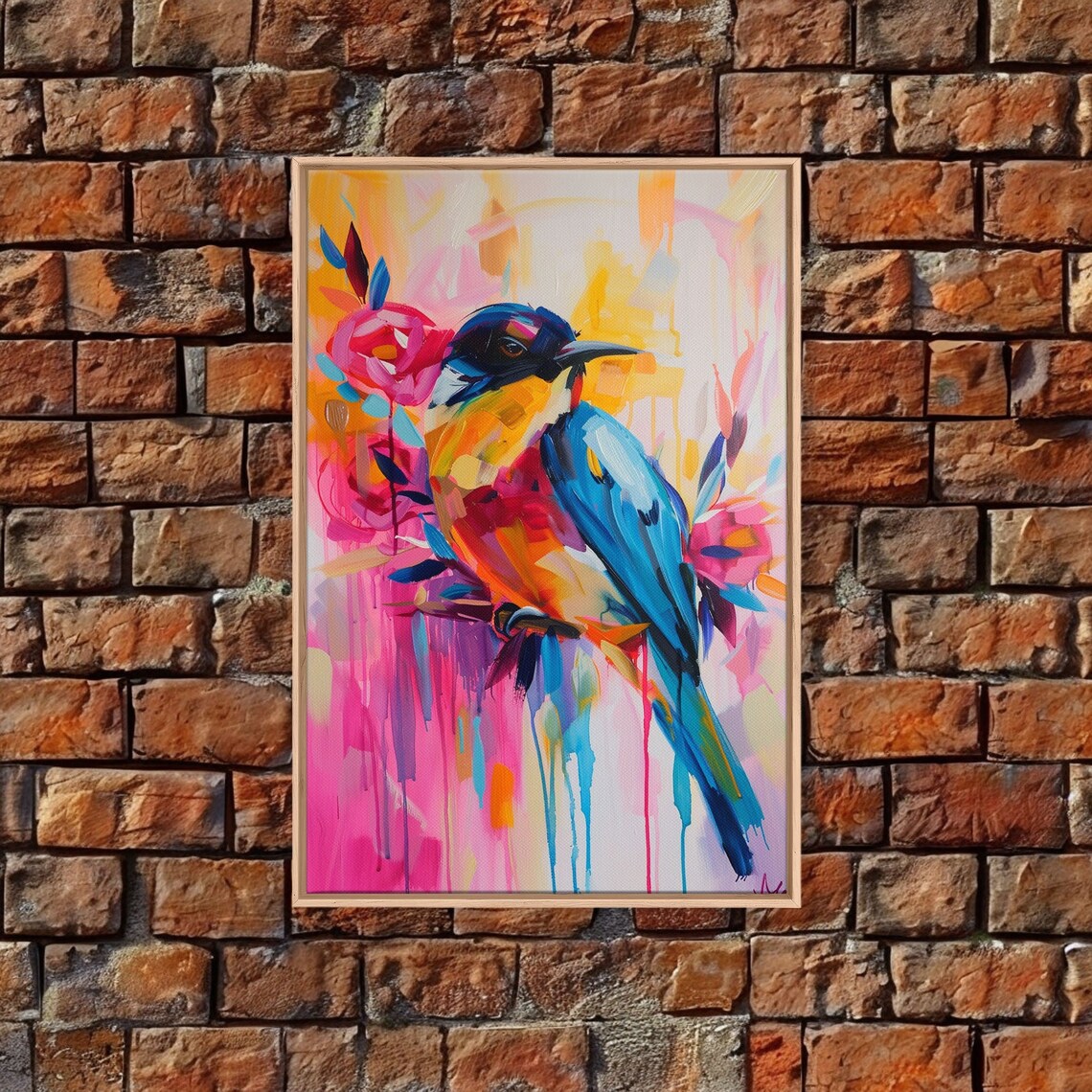 Colorful Bird And Flowers Pop Art In Pink Blue And Yellow Poster - Image 3