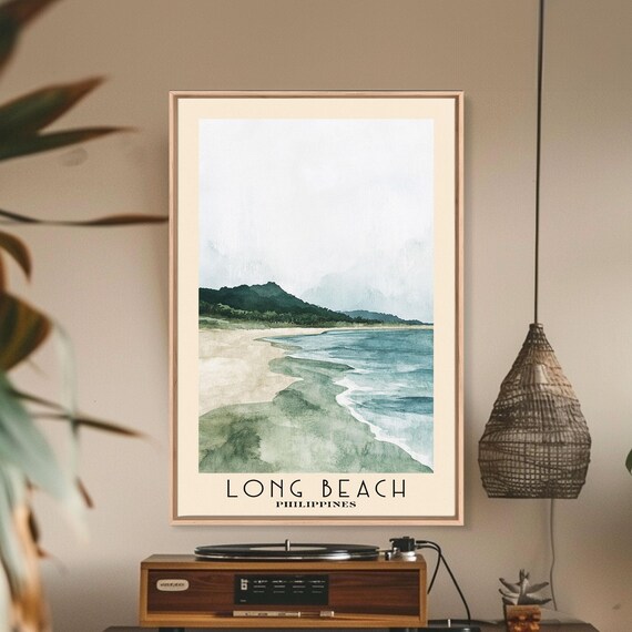 Long Beach Philippines Watercolor Green Hills Sandy Shore Travel Poster