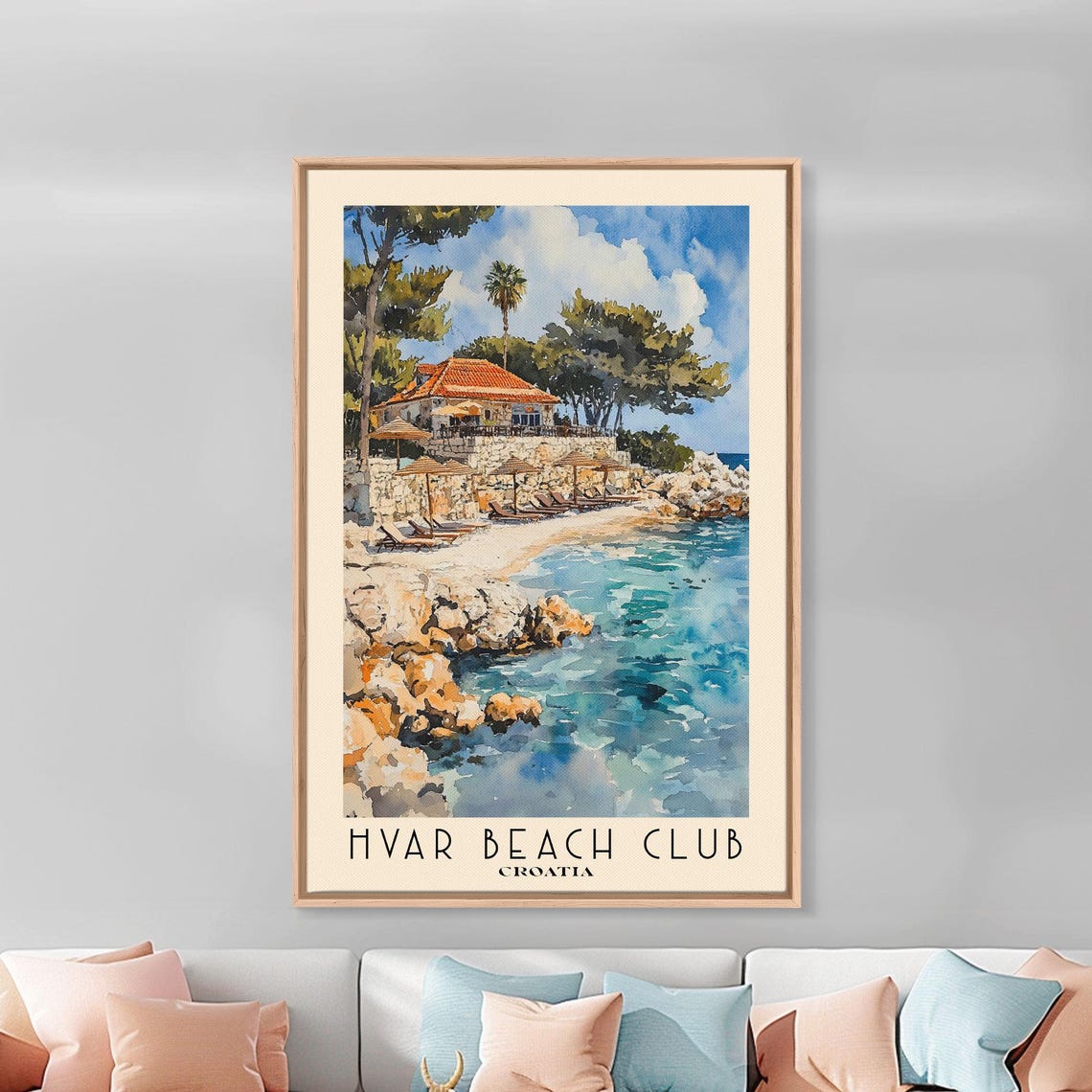 Hvar Beach Club Croatia Rocky Cove Stone Villa Watercolor Wall Poster - Image 3