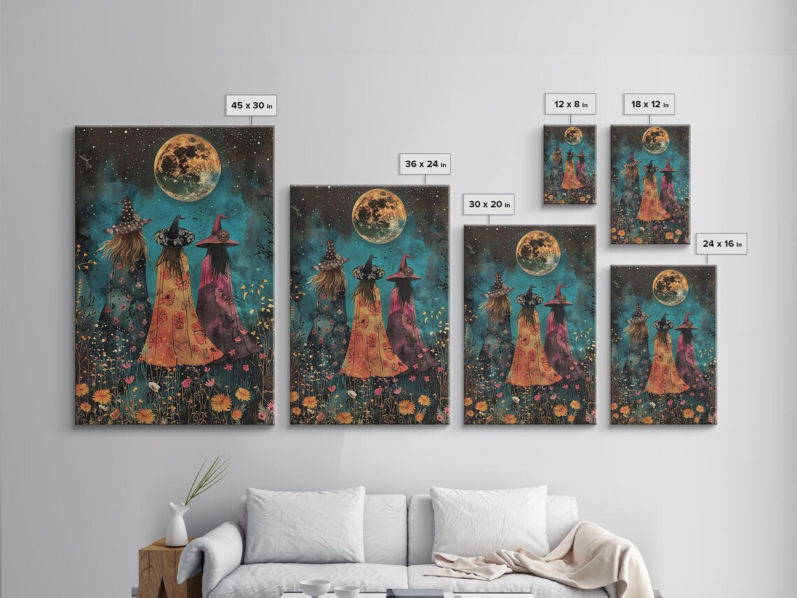 Three Witches Full Moon Night Painting Cottagecore Wildflowers Witchy Wall Art Poster - Image 2