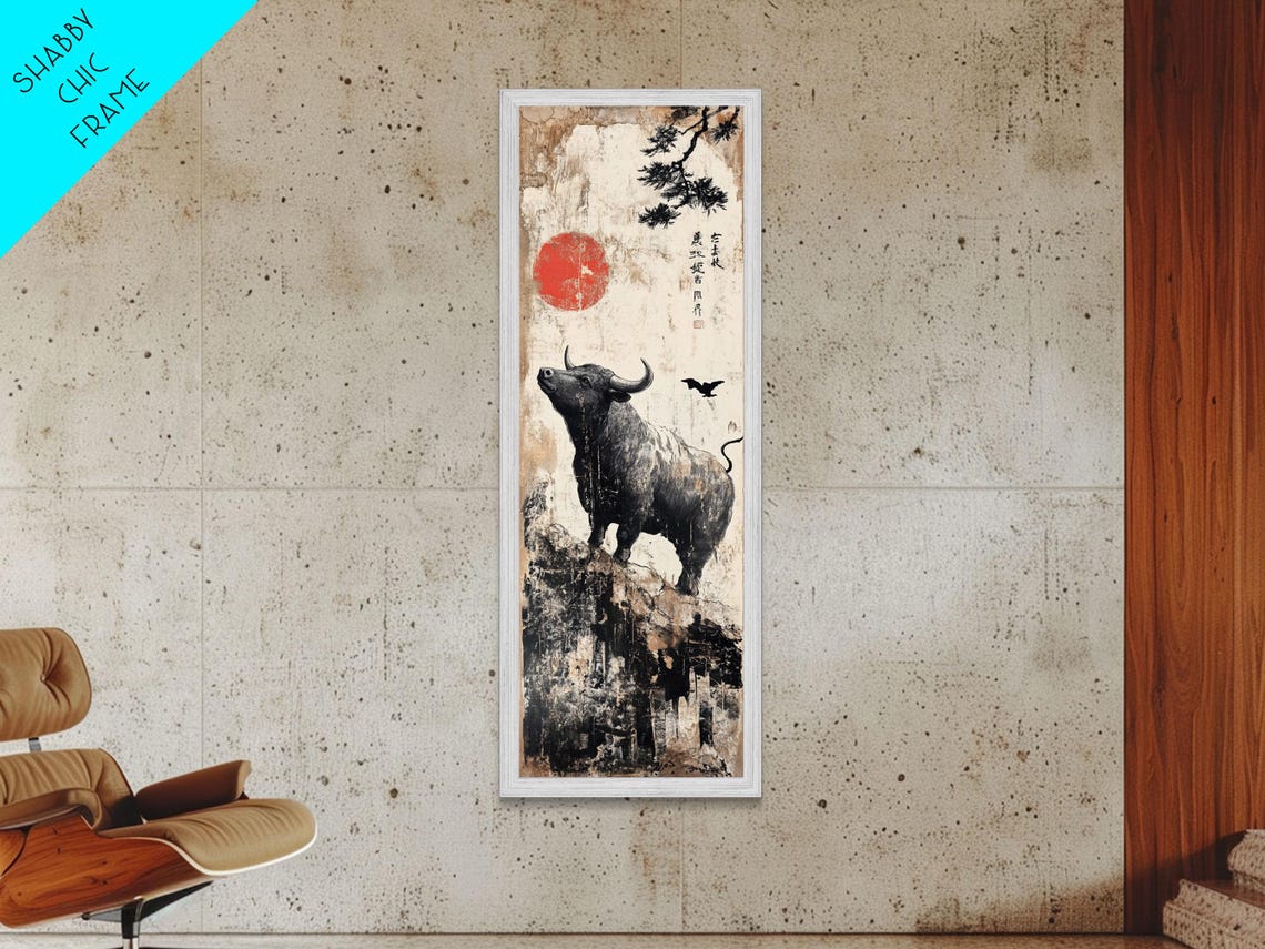 Black Buffalo Under Red Sun Japanese Ink Wash Rustic Wall Poster - Image 5
