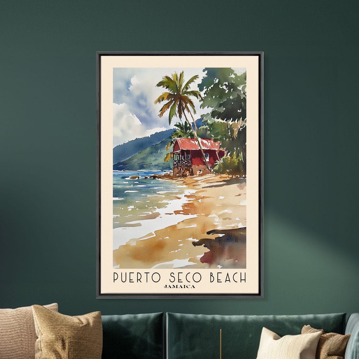 Puerto Seco Beach Jamaica Palm Trees Red Beach Hut Watercolor Poster - Image 5