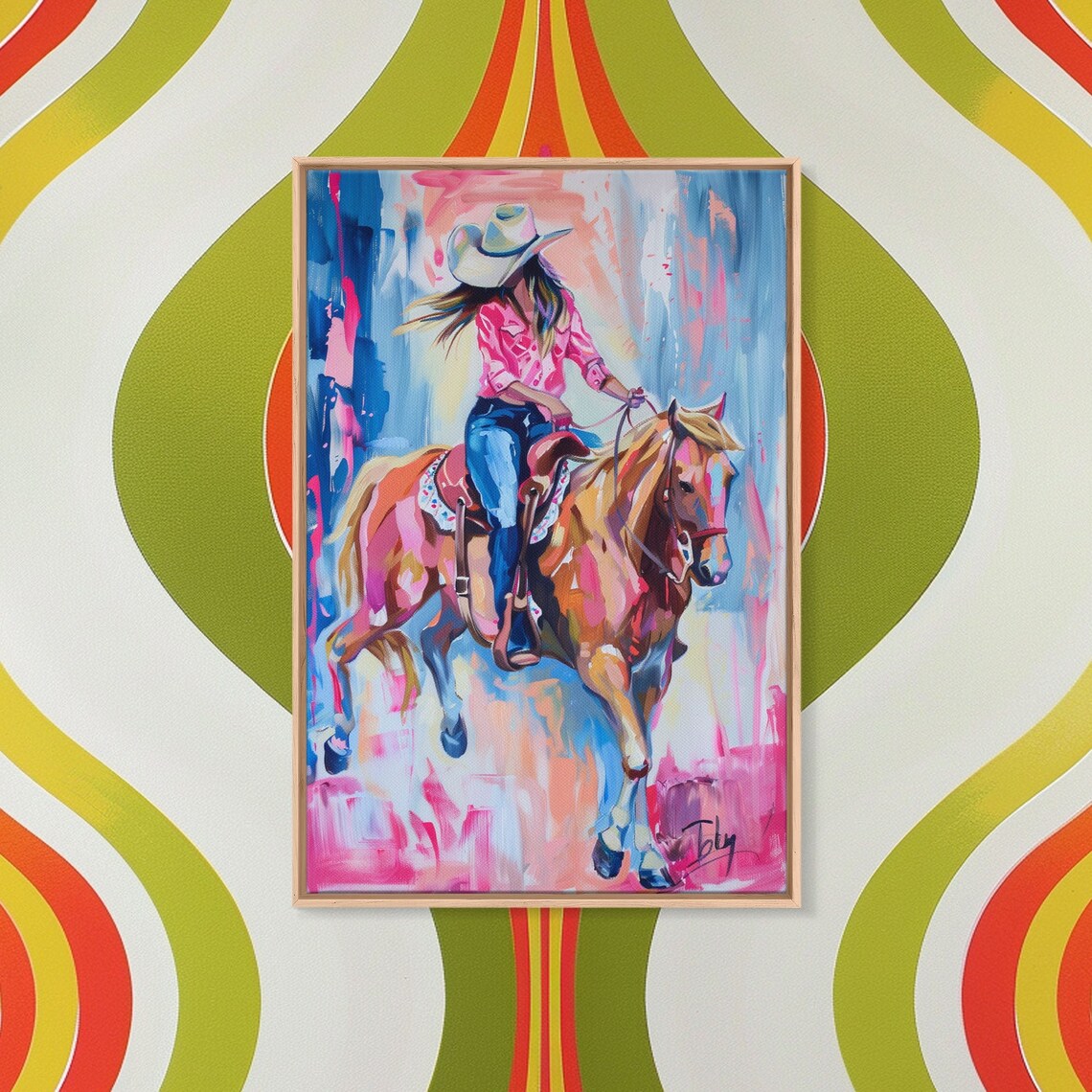 Stylish Cowgirl Riding Horse, Colorful Western Art Print - Image 4