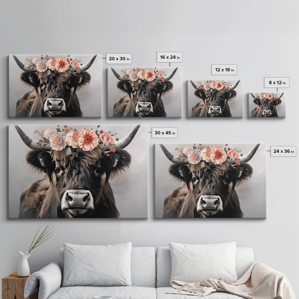Framed Wall Art Cute Cow Wearing Flowers Farmhouse Decor Farmhouse Wall At Extra Large Boho Decor Modern Art Minimalist Rustic - Image 2