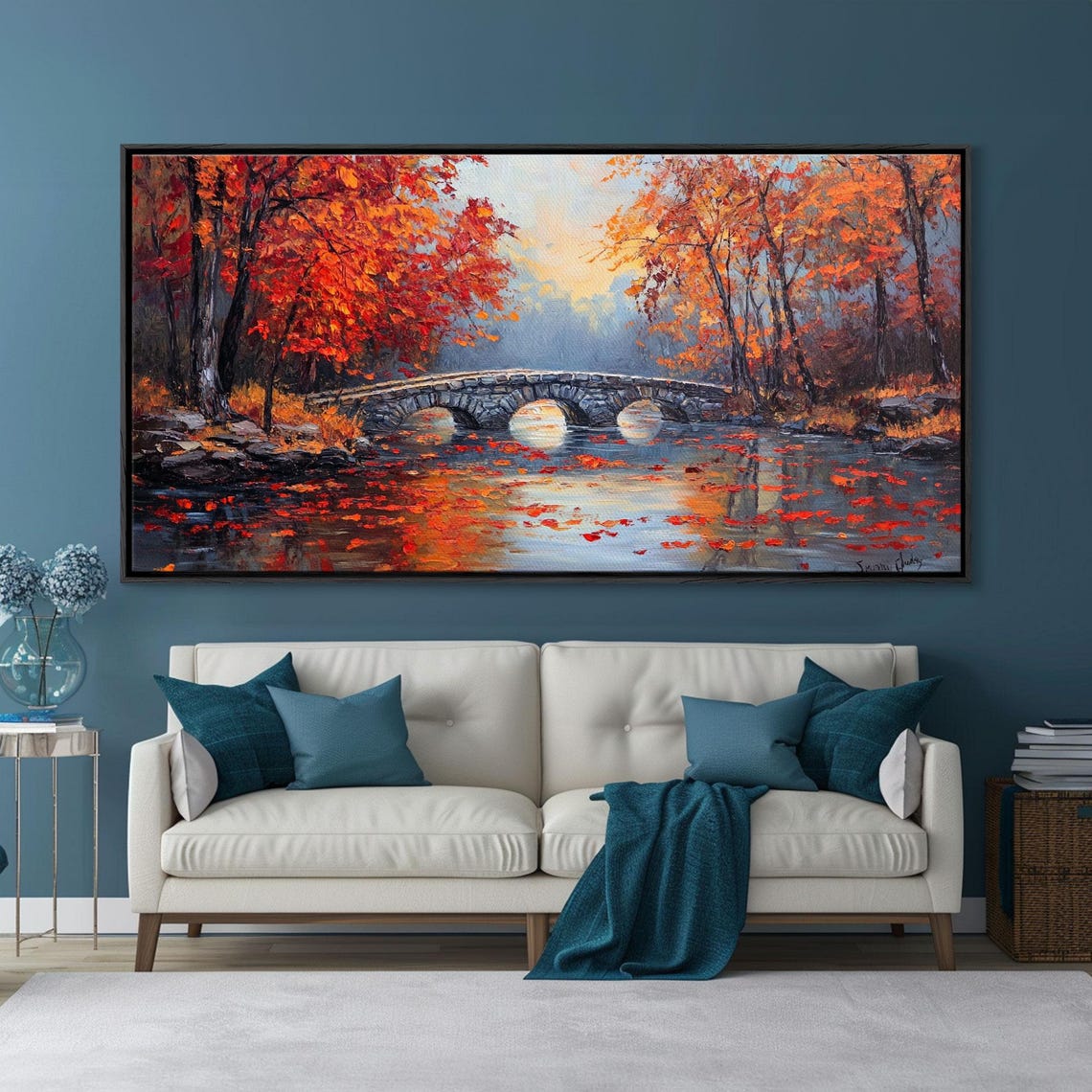 Autumn River Stone Bridge Triple Arch Red Trees Impasto Wall Art - Image 2