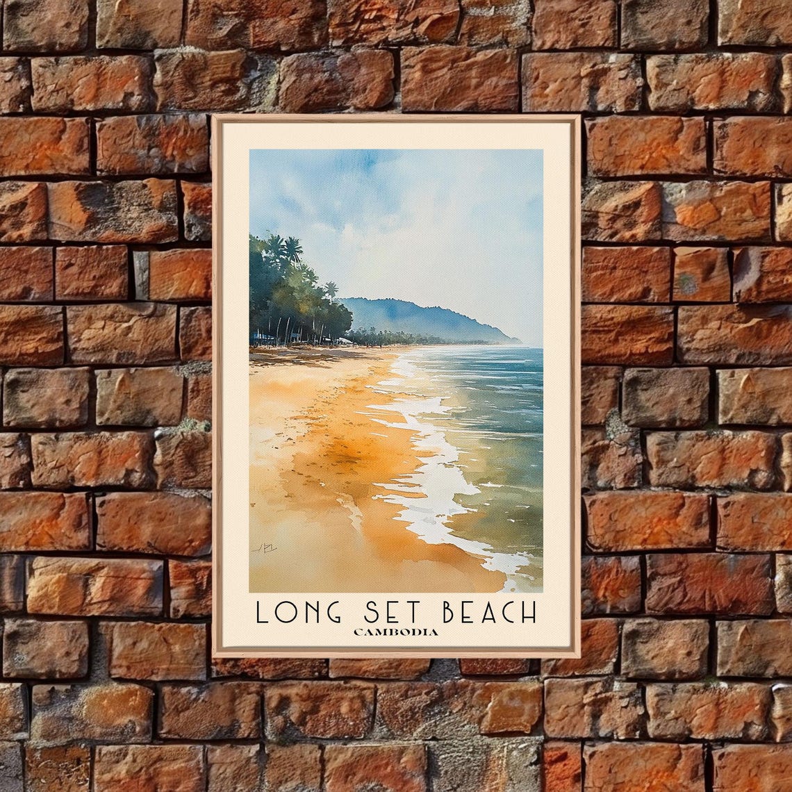 Long Set Beach Cambodia Golden Sand Palm Trees Hills Watercolor Poster - Image 6