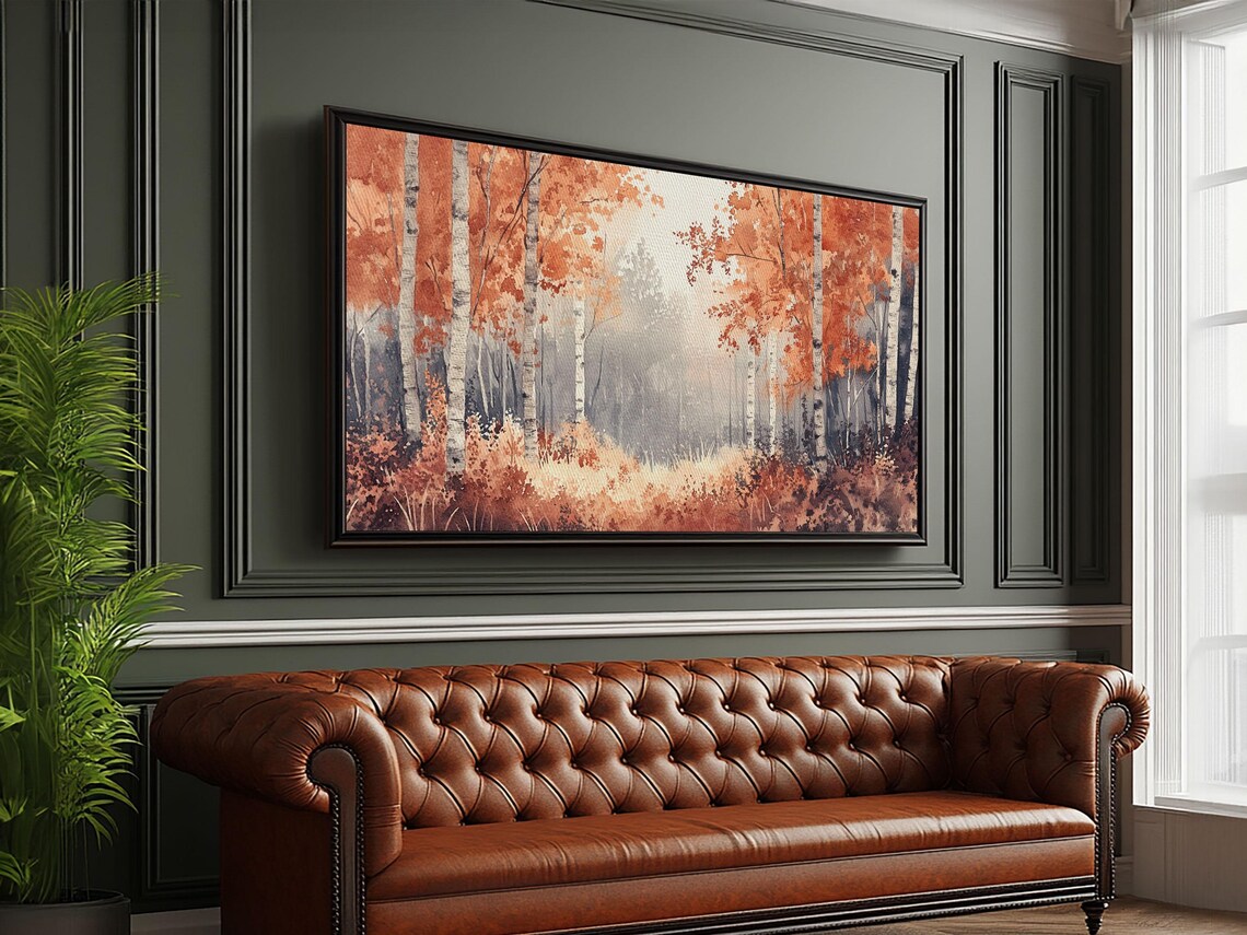 Autumn Birch Forest Misty Orange Foliage Watercolor Painting Wall Art - Image 5
