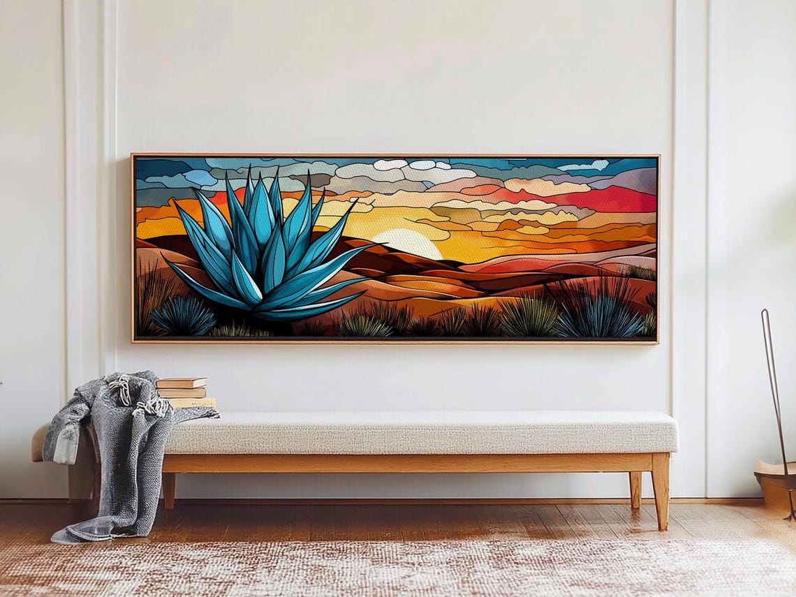 Blue Agave Desert Sunset Stained Glass Style Panoramic Wall Poster - Image 3