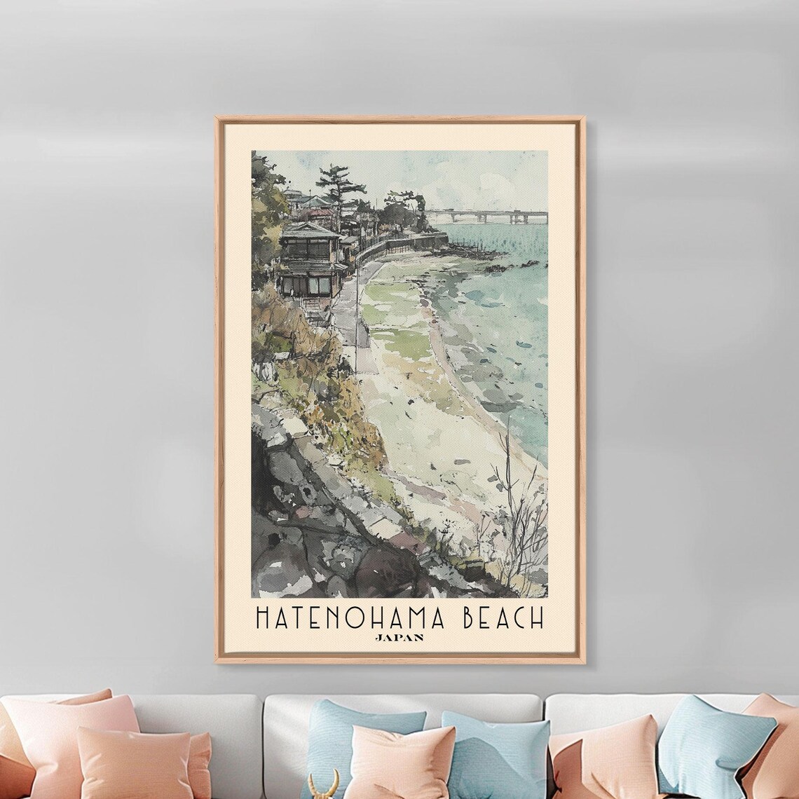 Hatenohama Beach Japan Ink Wash Coastal Town Watercolor Travel Poster - Image 2