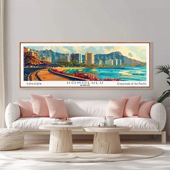 Honolulu Hawaii Panoramic Wall Art Framed Print Mid Century Modern Art Pop Art Style Travel Poster Home Decor Retro Style