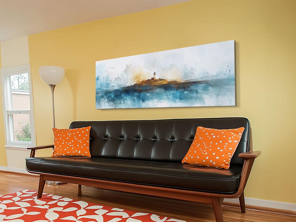 Lighthouse Rocky Island Blue Watercolor Panoramic Coastal Wall Poster - Image 3