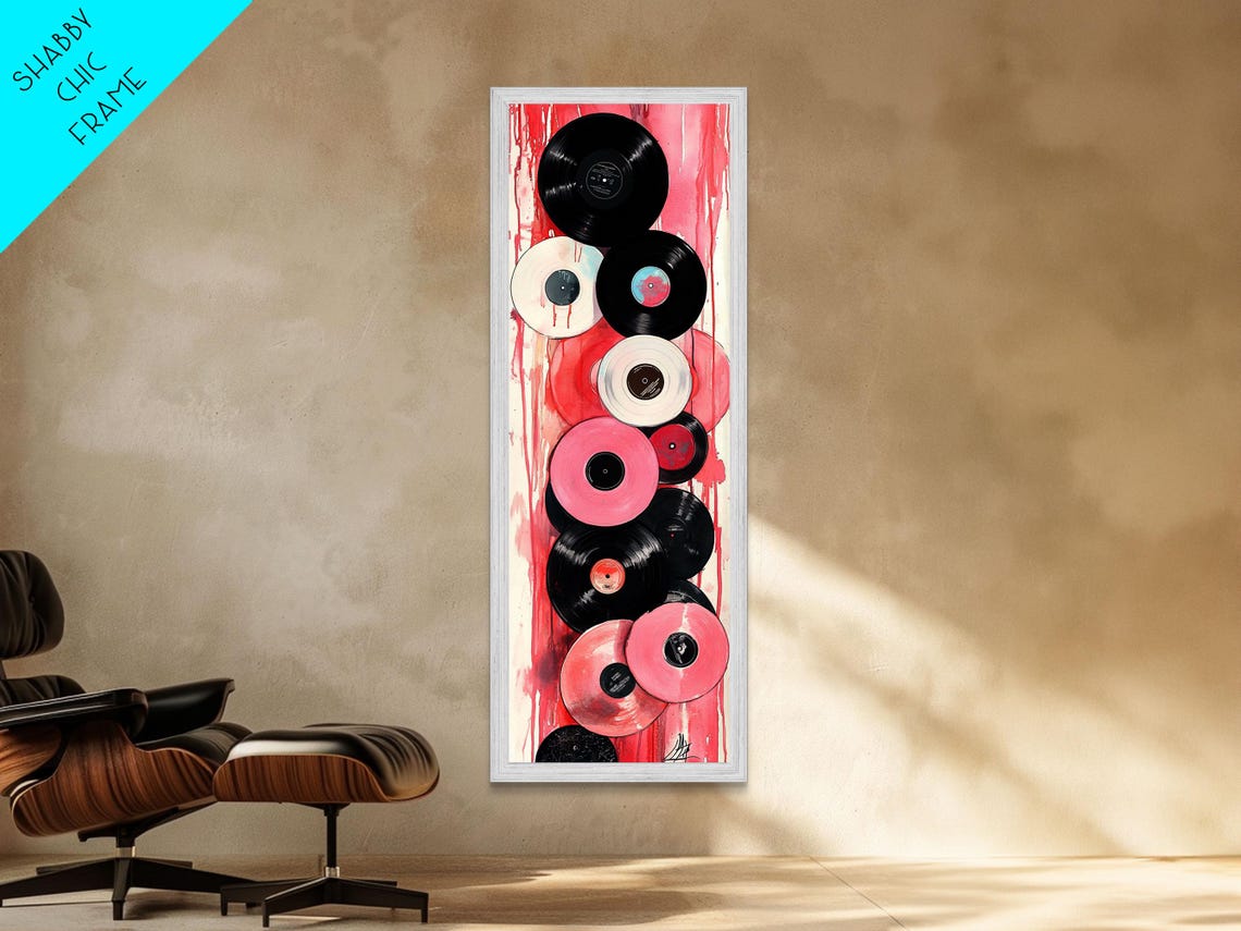 Pink Black And White Vinyl Records Stacked Retro Music Wall Art - Image 3