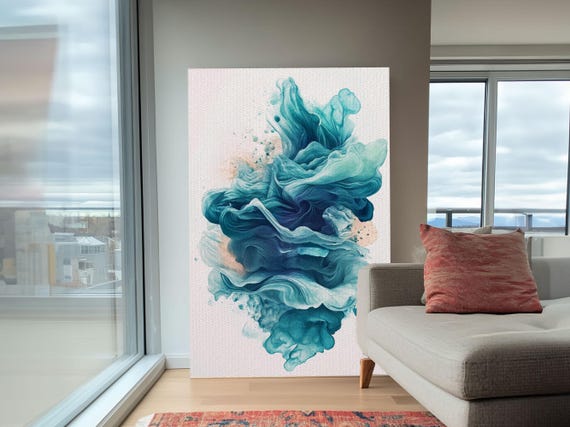 Abstract Teal Ocean Waves Print Coastal Wall Art Nautical Decor Living Room Accent Unique Gift Idea Zen Artwork