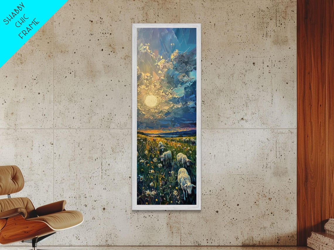 Lambs Grazing In Wildflower Meadow At Sunset Impasto Field Poster - Image 5
