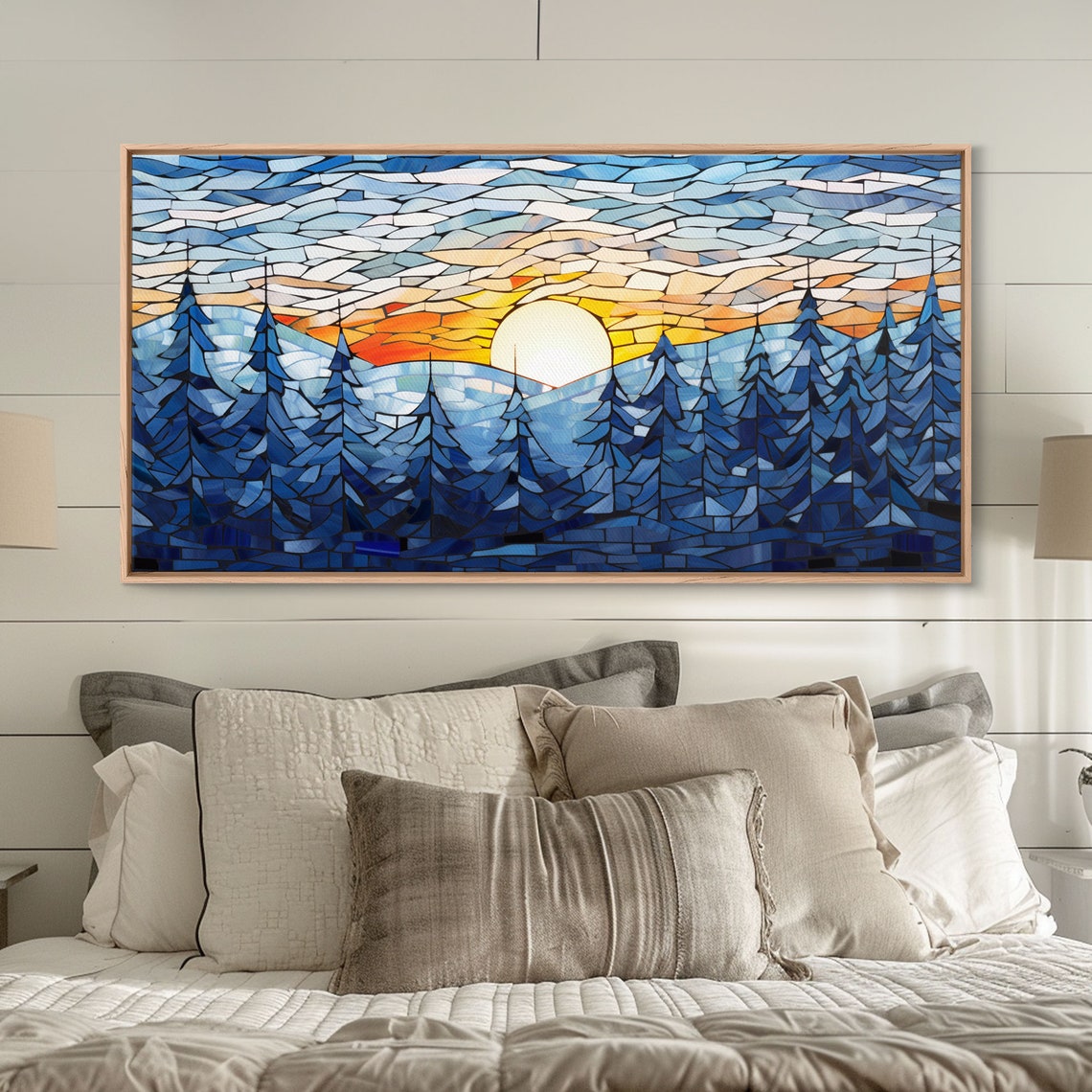 Stained Glass Winter Pines Sunset Blue Snowy Forest Painting Poster