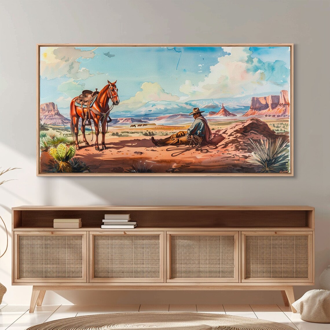 Cowboy Sitting Beside Horse Desert Valley Mesas Watercolor Poster - Image 5
