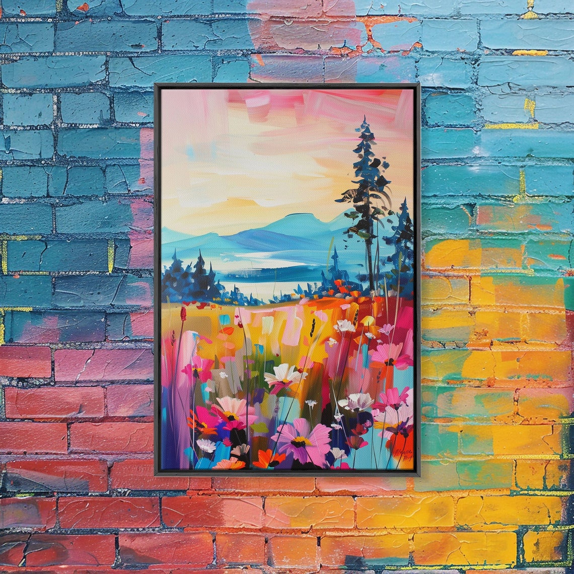 Sunset Wildflower Meadow Mountain Lake Colorful Nature Art Poster - Image 4