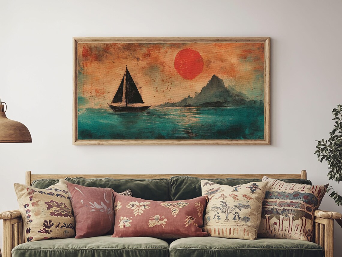 Sailboat Silhouette Under Red Sun Teal Sea Wabi Sabi Painting Wall Art - Image 4