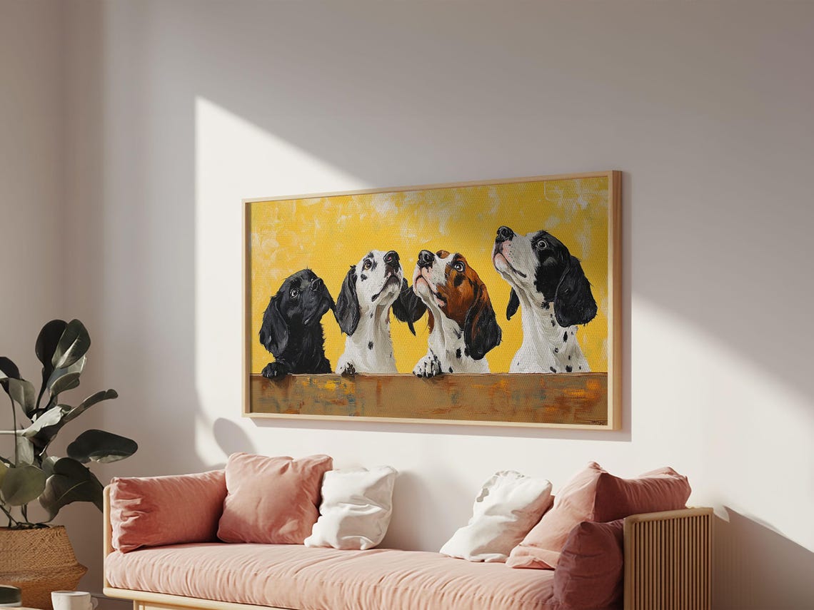 Four Dogs Peeking Over Ledge Mustard Yellow Background Painting Print - Image 5