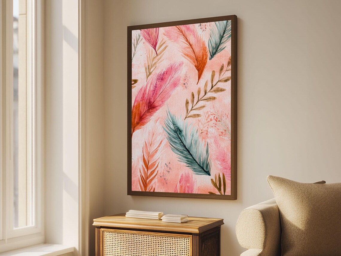Colorful Feathers Watercolor Pink Teal Boho Bedroom Wall Art Poster - Image 6